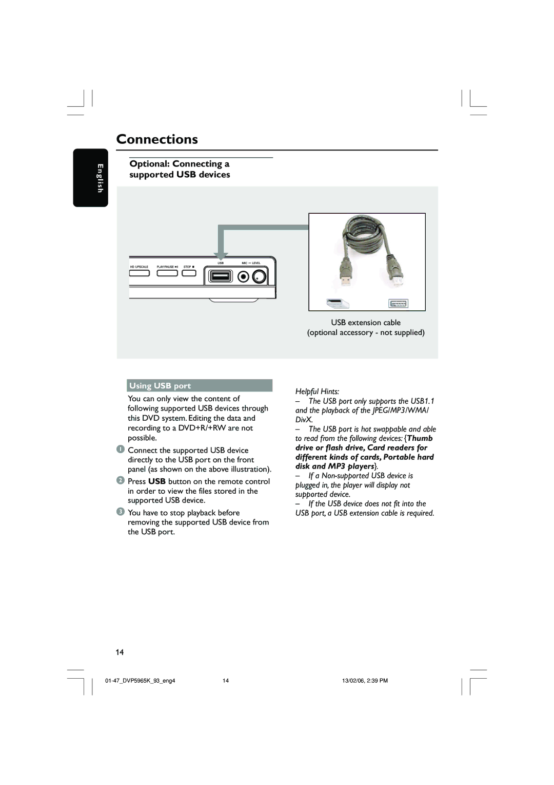 Philips DVP 5965K Optional Connecting a supported USB devices, USB extension cable Optional accessory not supplied 