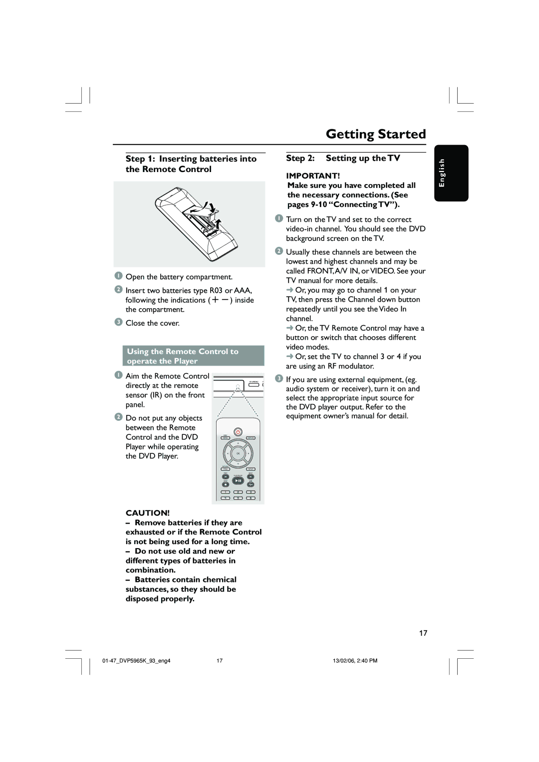 Philips DVP 5965K user manual Getting Started, Inserting batteries into the Remote Control, Setting up the TV 