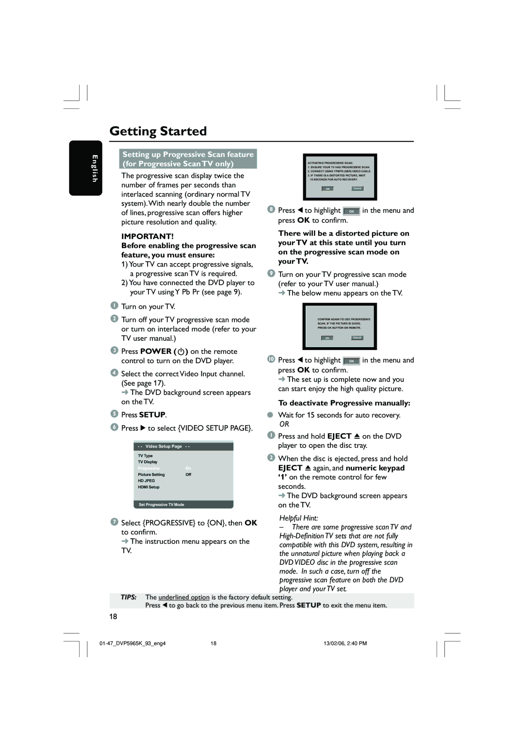 Philips DVP 5965K user manual Press 1 to highlight OK in the menu and press OK to confirm, Below menu appears on the TV 