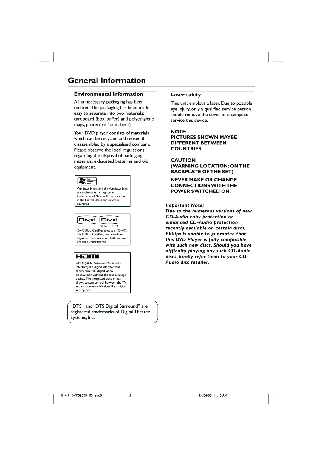 Philips DVP 5965K user manual General Information, Environmental Information, Laser safety 