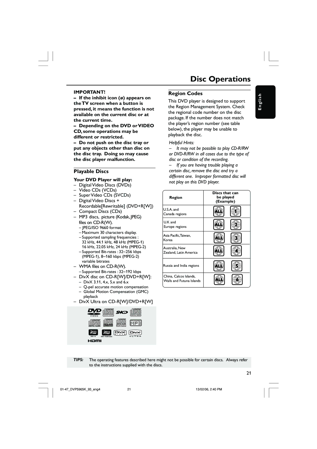 Philips DVP 5965K user manual Disc Operations, Playable Discs, Region Codes, Your DVD Player will play 