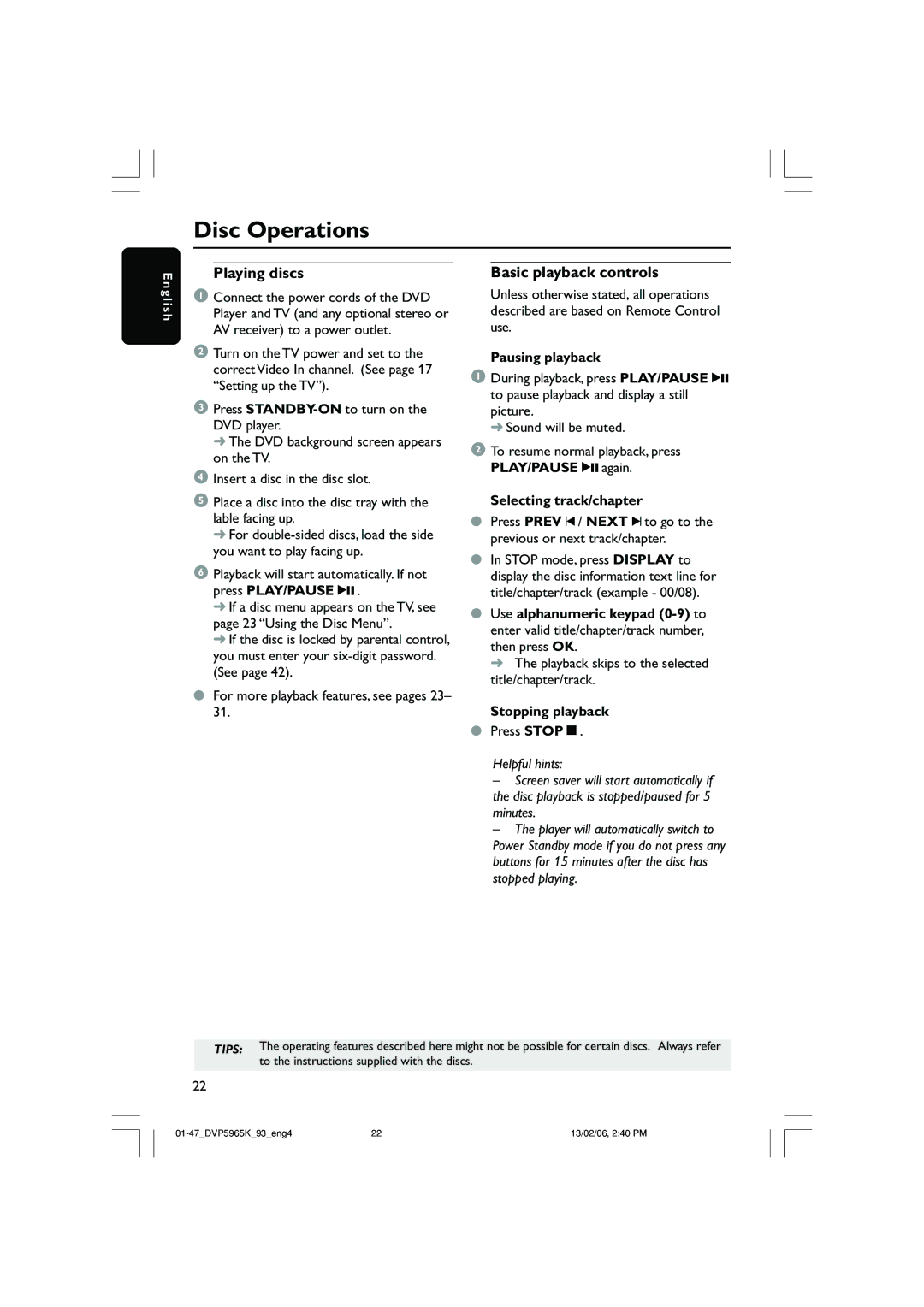 Philips DVP 5965K Playing discs, Basic playback controls, Pausing playback, Selecting track/chapter, Stopping playback 