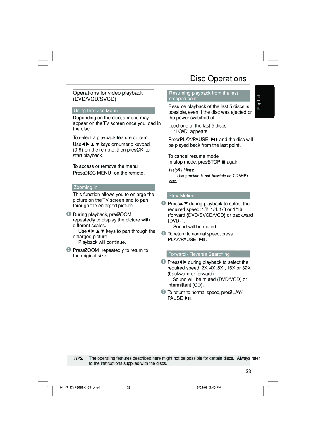 Philips DVP 5965K user manual Operations for video playback DVD/VCD/SVCD 