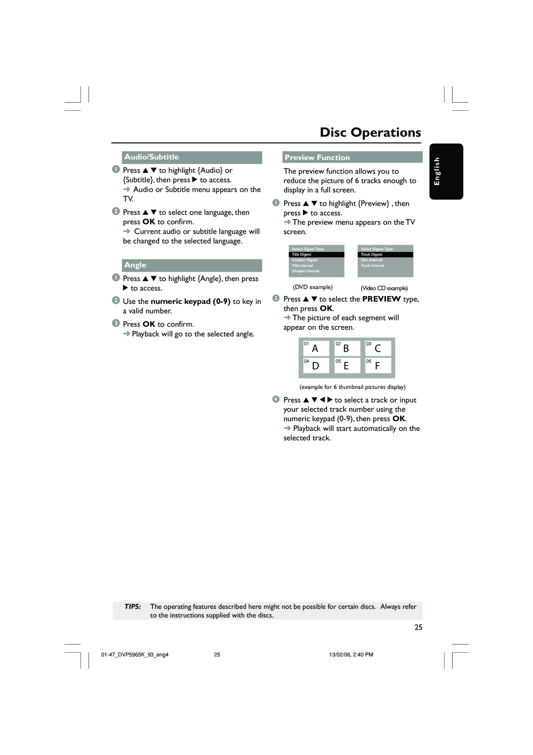 Philips DVP 5965K user manual Audio/Subtitle Preview Function, Angle, Use the numeric keypad 0-9 to key in a valid number 