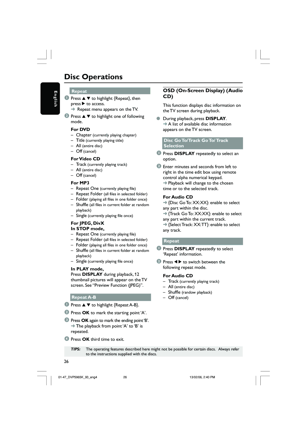 Philips DVP 5965K user manual OSD On-Screen Display Audio CD, Repeat A-B, Disc Go To/Track Go To/ Track Selection 