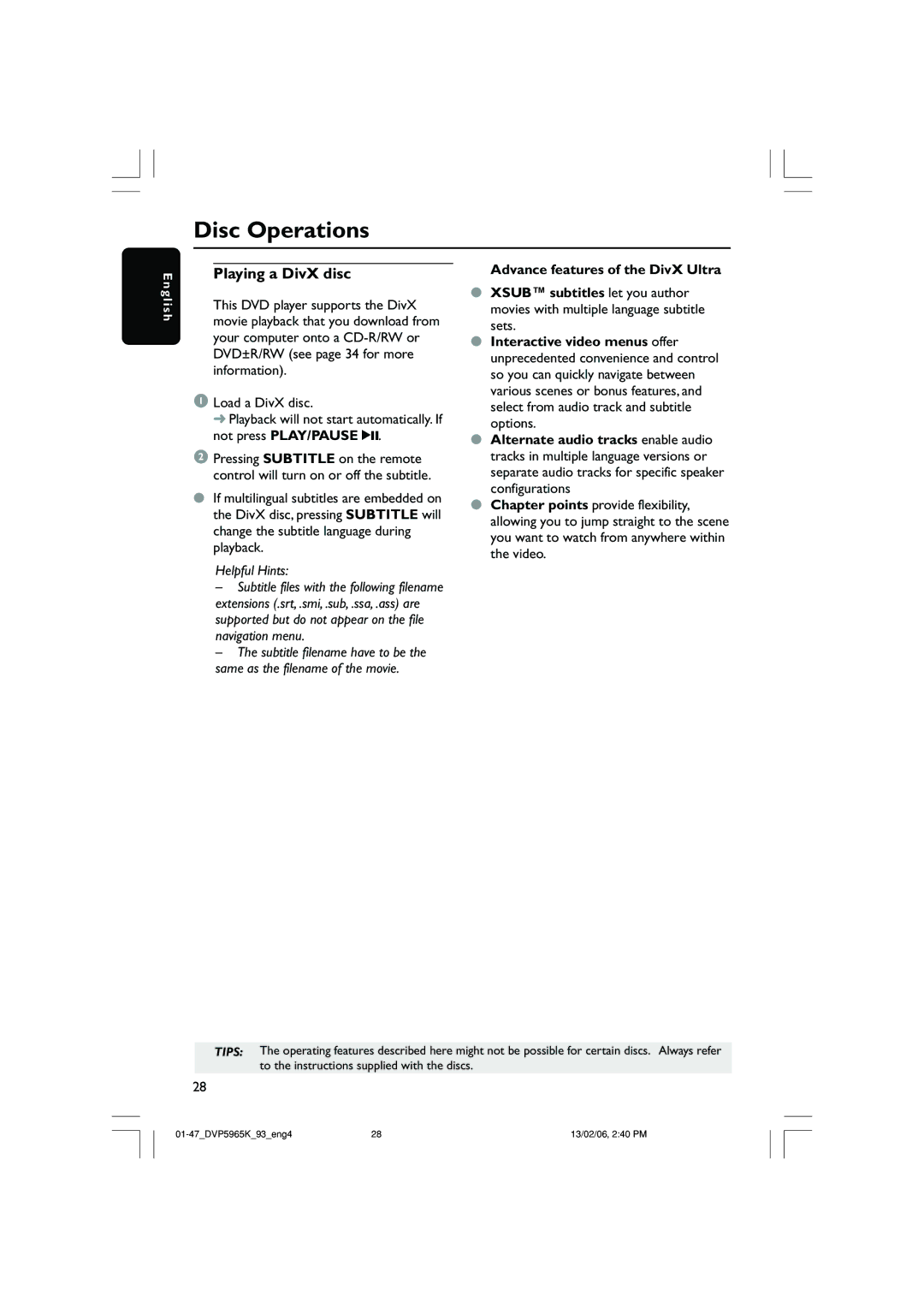 Philips DVP 5965K user manual Playing a DivX disc, Advance features of the DivX Ultra 