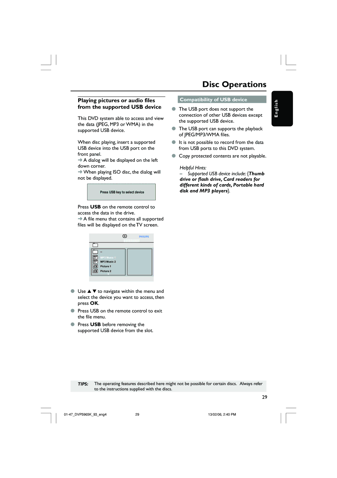 Philips DVP 5965K user manual Compatibility of USB device, Copy protected contents are not playable 