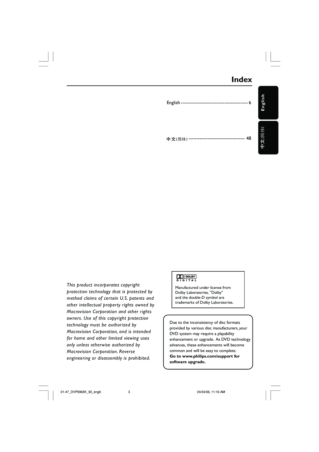 Philips DVP 5965K user manual Index, English 