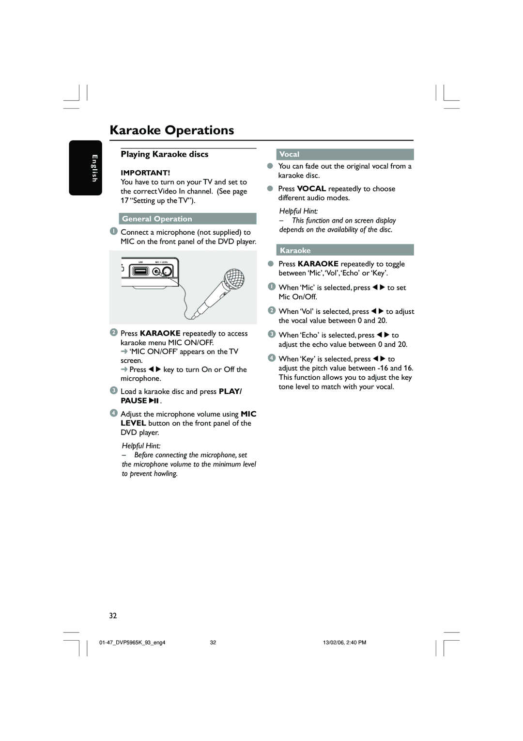 Philips DVP 5965K Karaoke Operations, Playing Karaoke discs, Vocal, When ‘Mic’ is selected, press 1 2 to set Mic On/Off 