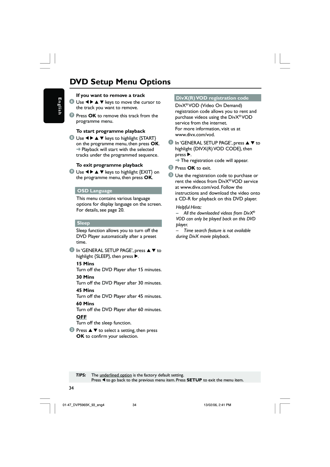 Philips DVP 5965K DivXR VOD registration code, To start programme playback, To exit programme playback, OSD Language 