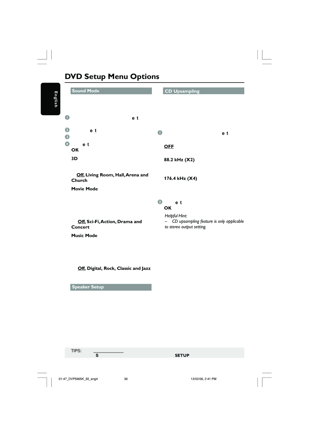 Philips DVP 5965K user manual Sound Mode CD Upsampling, Speaker Setup, Off 