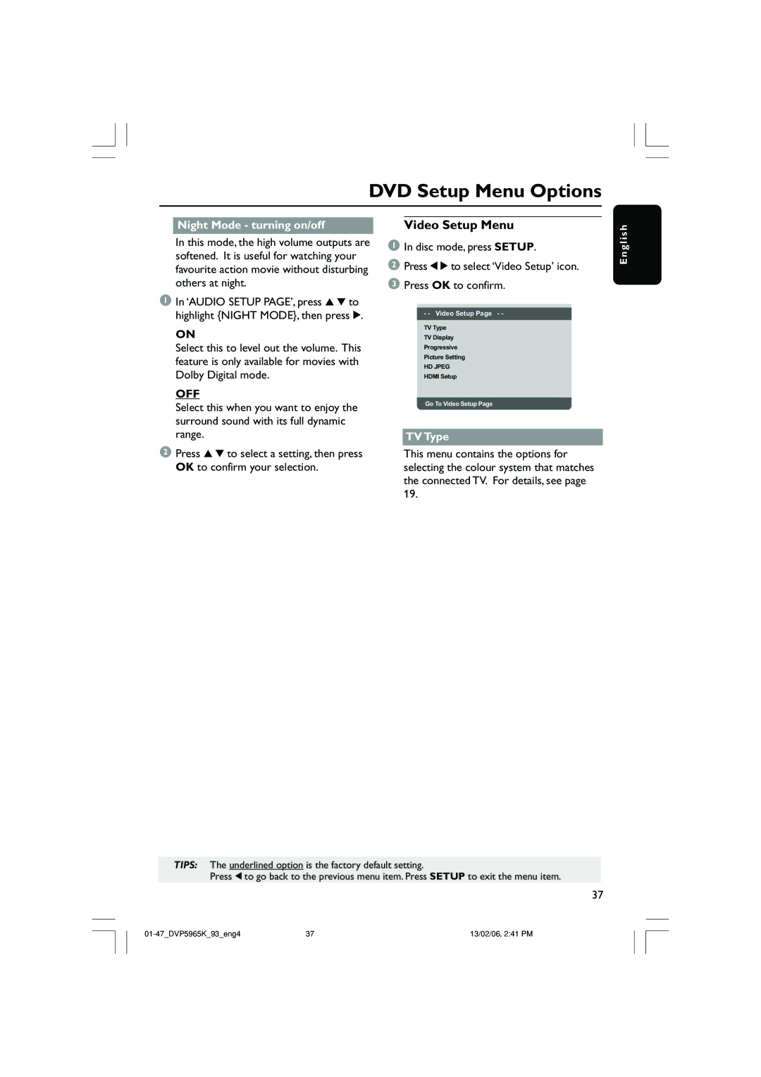 Philips DVP 5965K user manual Video Setup Menu, Night Mode turning on/off, TV Type 