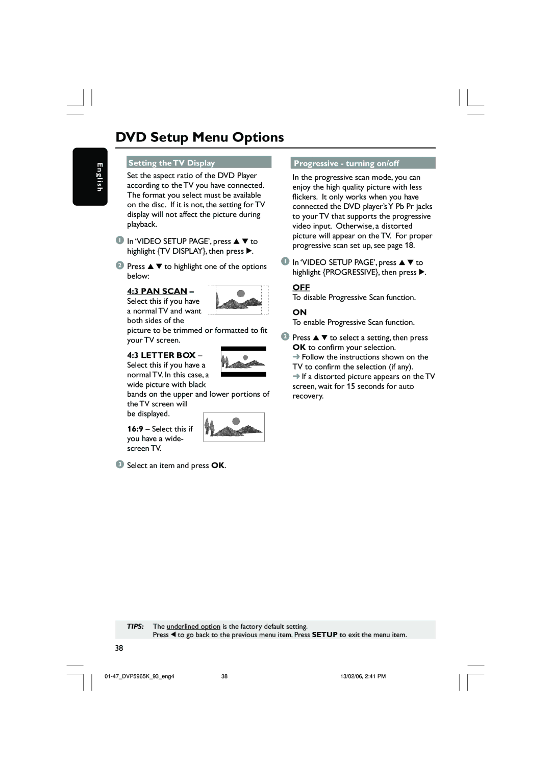 Philips DVP 5965K Setting the TV Display Progressive turning on/off, Press 3 4 to highlight one of the options below 