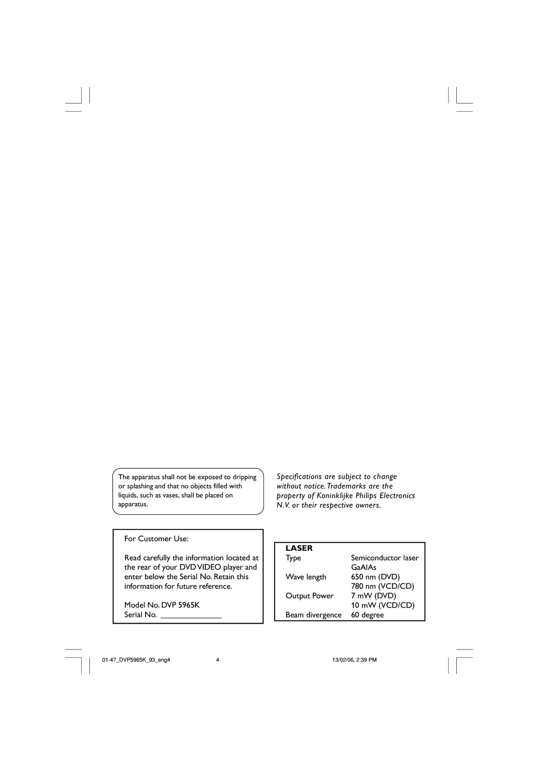 Philips user manual For Customer Use, Model No. DVP 5965K Serial No, Laser, Type, GaAlAs 