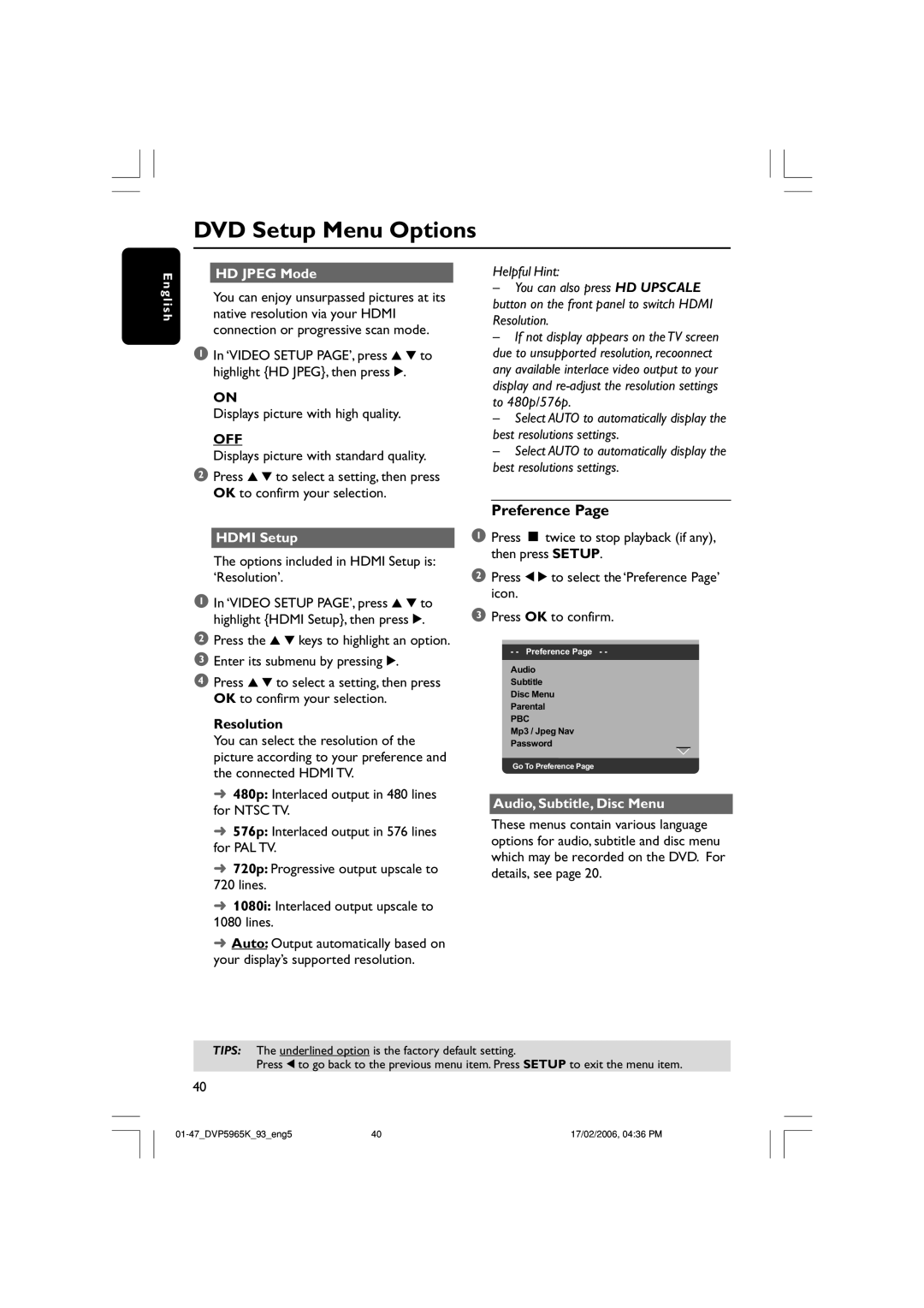 Philips DVP 5965K user manual Preference, HD Jpeg Mode, Hdmi Setup, Resolution, Audio, Subtitle, Disc Menu 