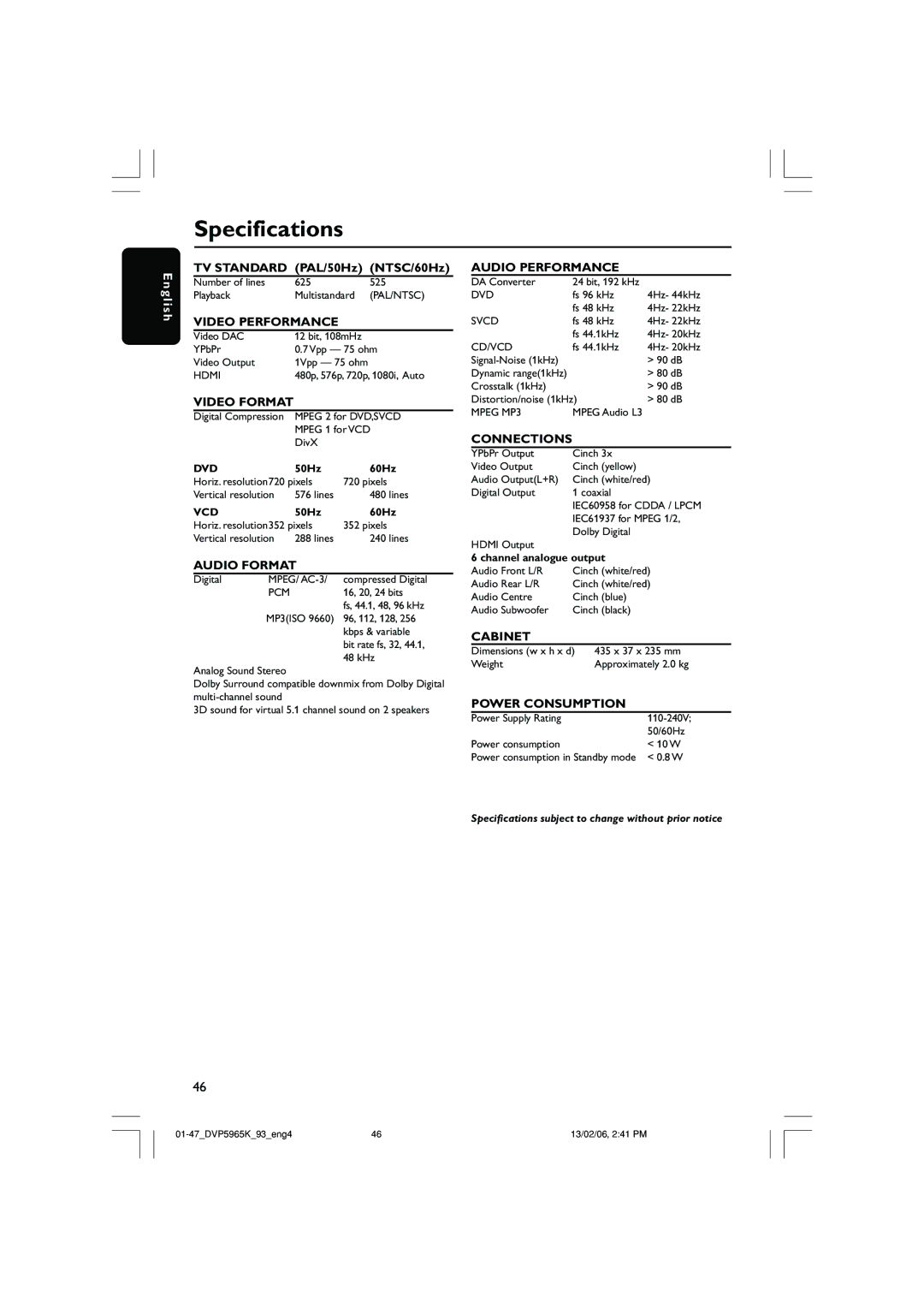 Philips DVP 5965K user manual Specifications, Video Performance 