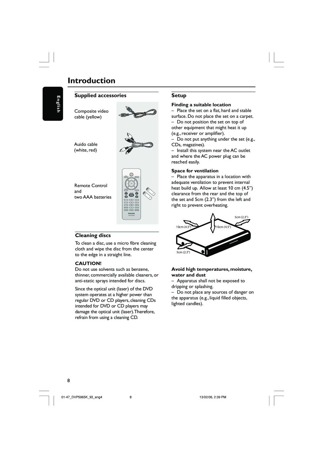 Philips DVP 5965K user manual Introduction, Supplied accessories, Cleaning discs, Setup 