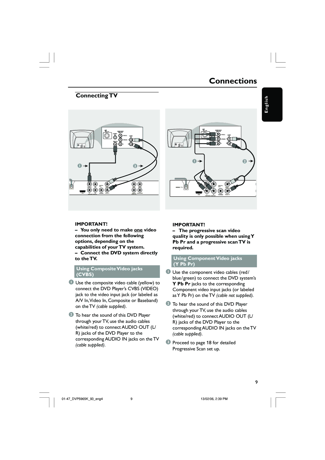 Philips DVP 5965K user manual Using Composite Video jacks Cvbs, Using Component Video jacks Y Pb Pr 