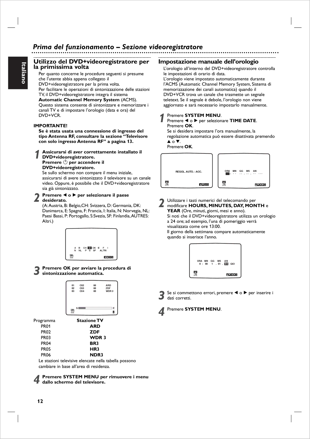 Philips DVP 721VR Prima del funzionamento Sezione videoregistratore, Impostazione manuale dell’orologio 