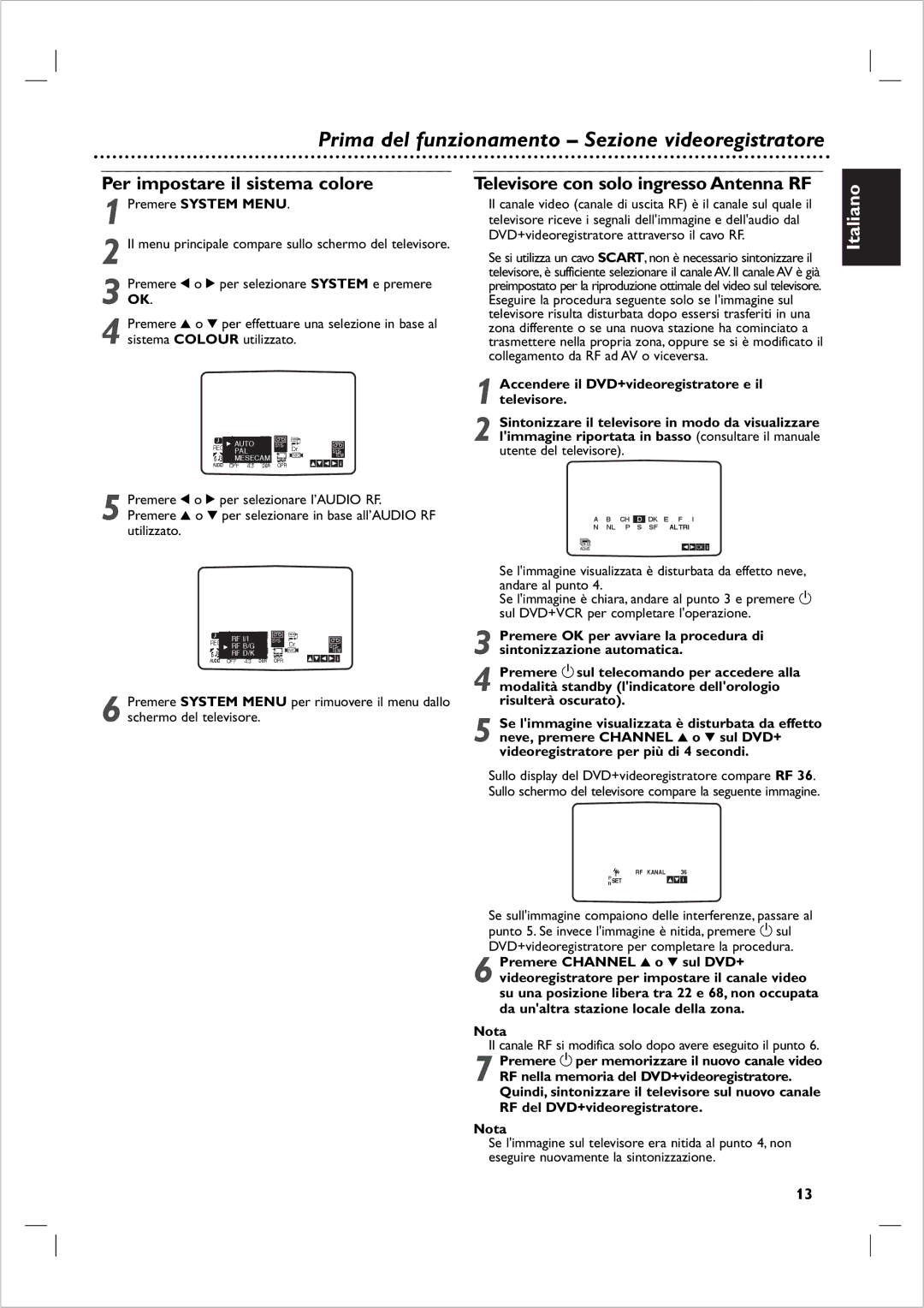 Philips DVP 721VR manual Per impostare il sistema colore, Televisore con solo ingresso Antenna RF, Utente del televisore 