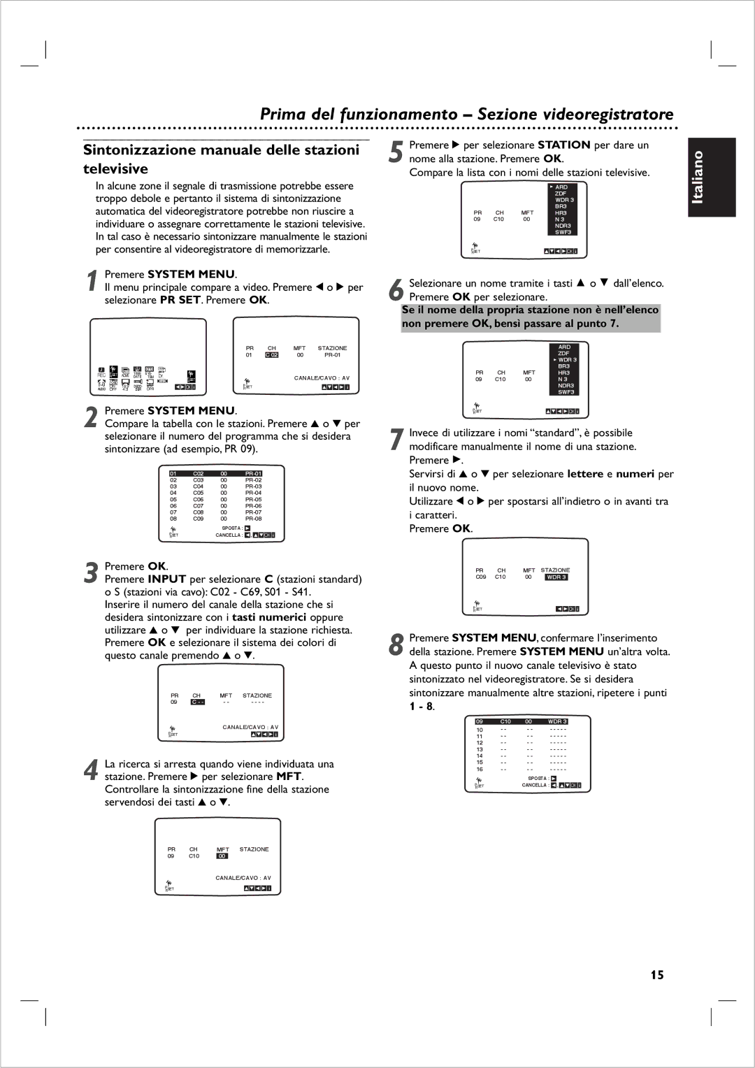 Philips DVP 721VR Sintonizzazione manuale delle stazioni televisive, Selezionare PR SET. Premere OK 