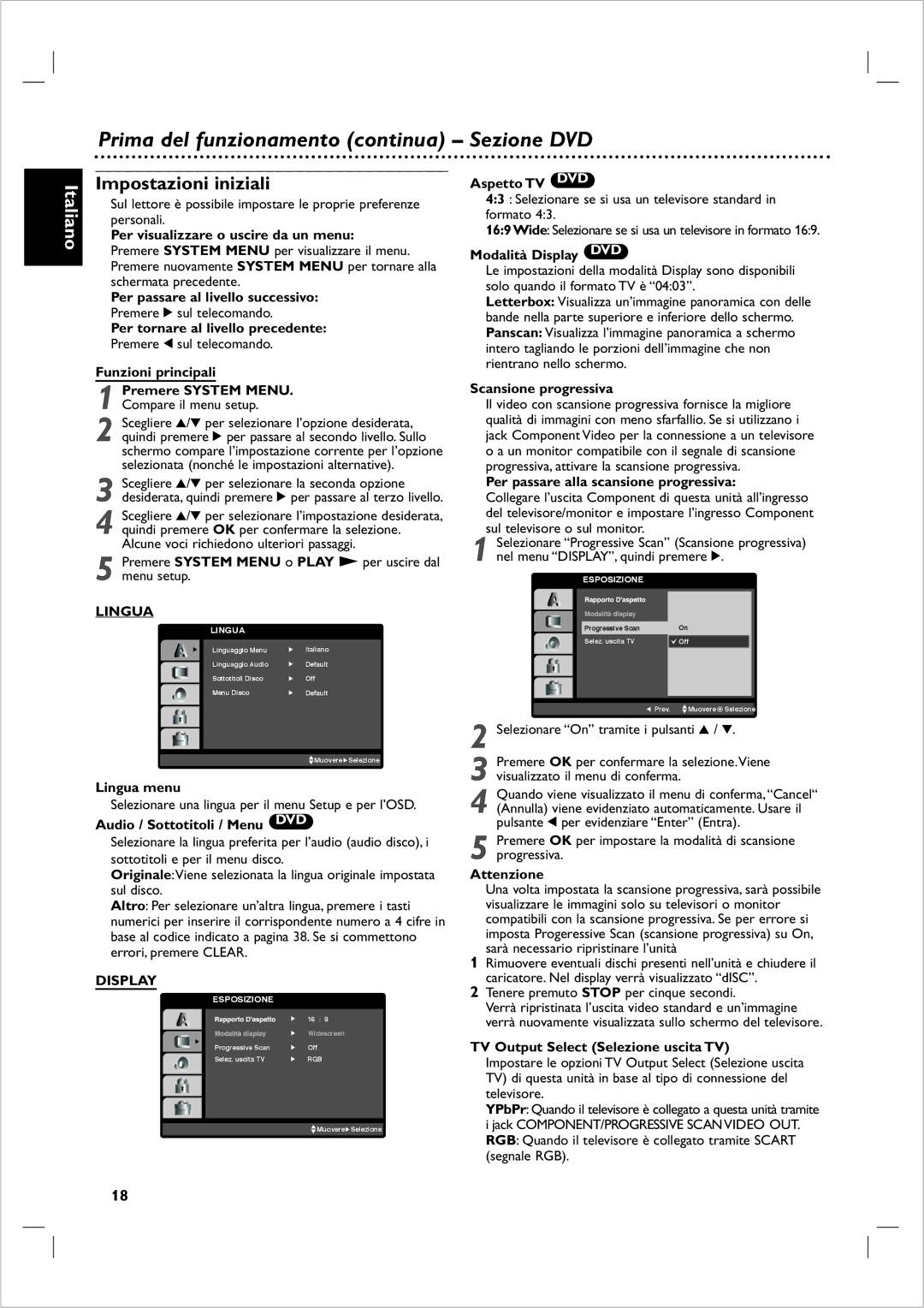 Philips DVP 721VR manual Prima del funzionamento continua Sezione DVD, Impostazioni iniziali, Lingua, Display 