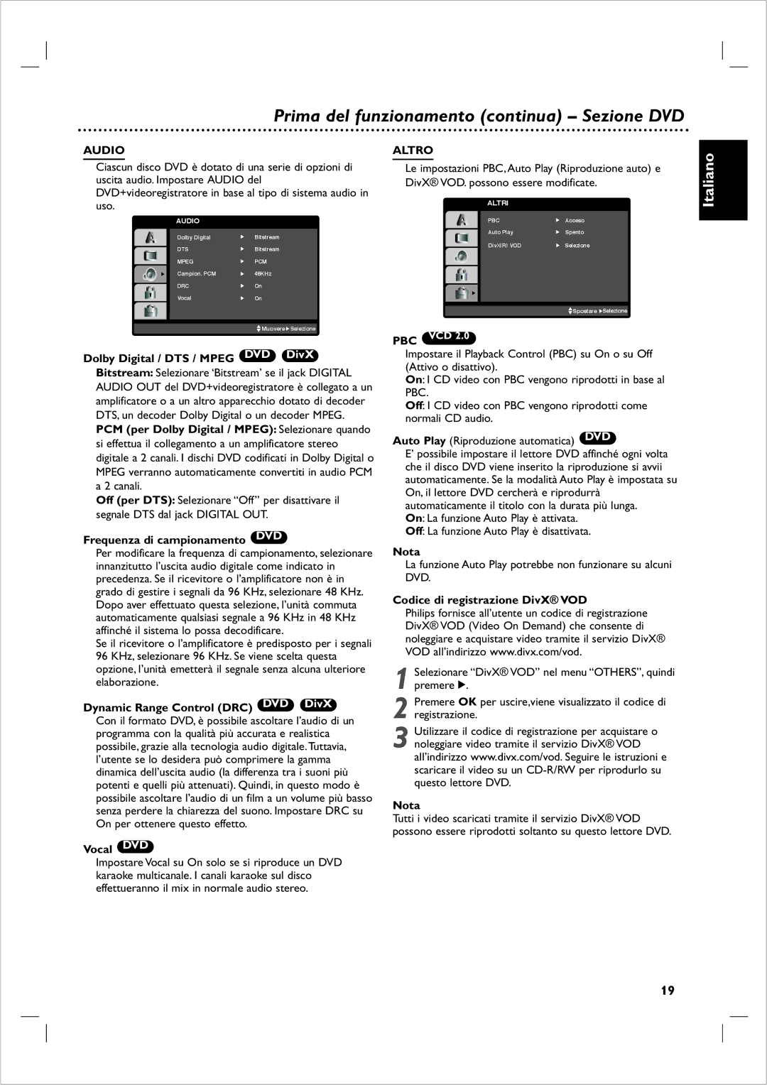 Philips DVP 721VR manual Audio, Altro, Pbc 