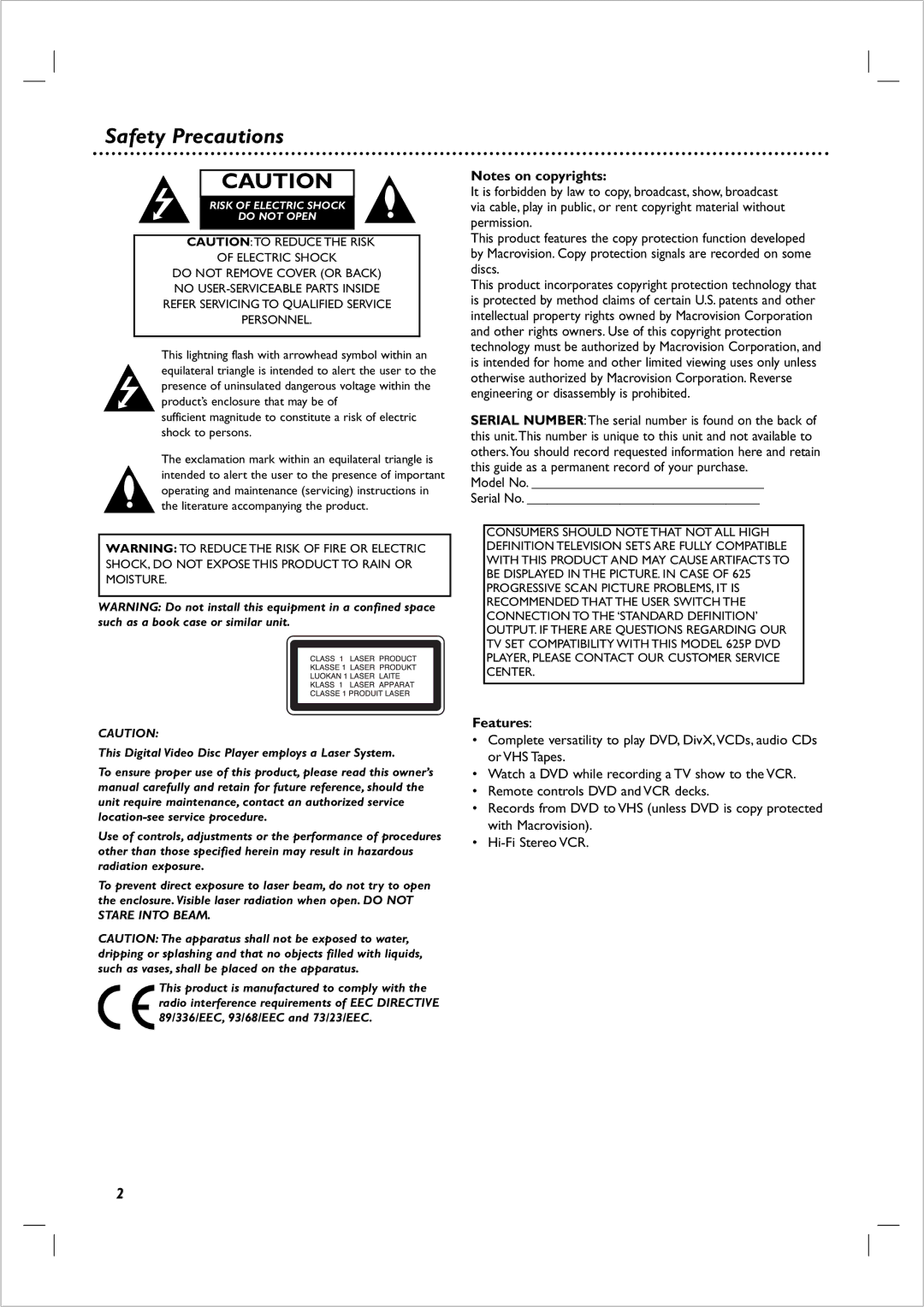 Philips DVP 721VR manual Safety Precautions, Model No Serial No, Features 