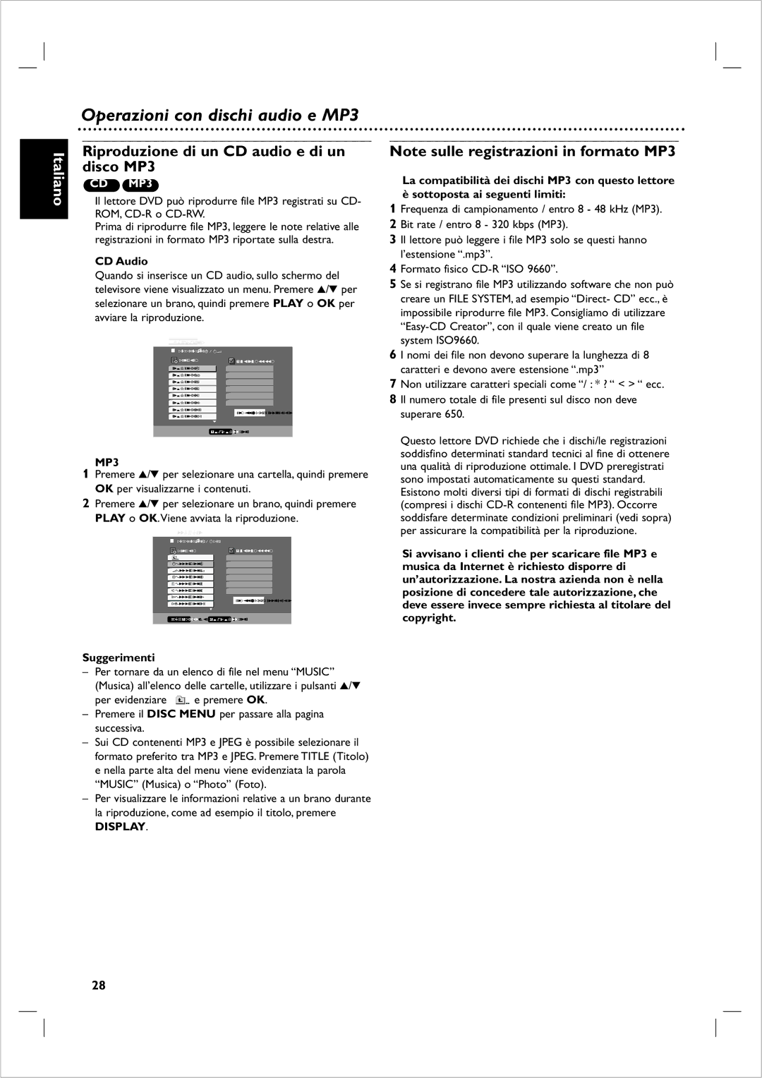 Philips DVP 721VR manual Riproduzione di un CD audio e di un disco MP3 