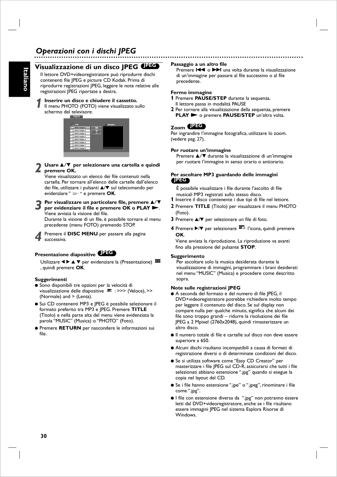 Philips DVP 721VR manual Operazioni con i dischi Jpeg, Visualizzazione di un disco Jpeg Jpeg 