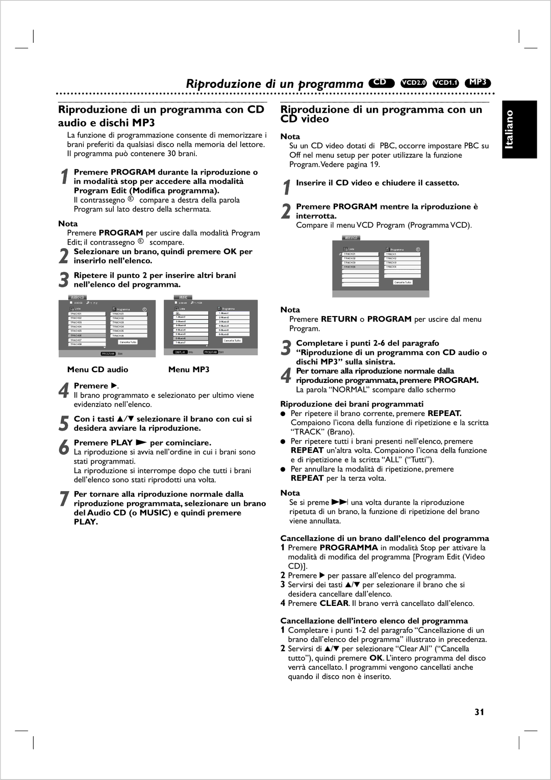 Philips DVP 721VR manual Riproduzione di un programma CD VCD2.0 VCD1.1 MP3, Riproduzione di un programma con un CD video 