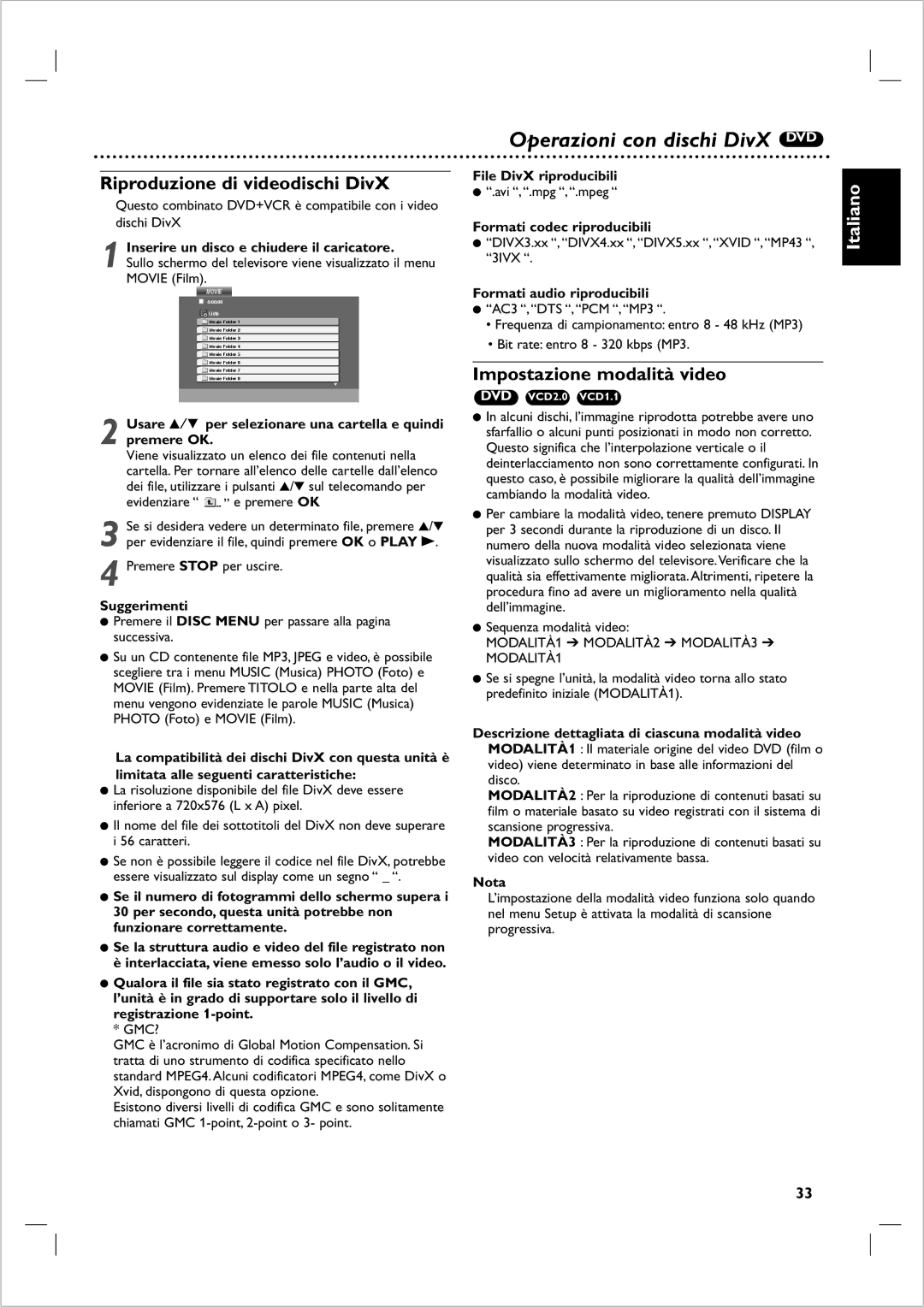 Philips DVP 721VR manual Operazioni con dischi DivX DVD, Riproduzione di videodischi DivX, Impostazione modalità video 