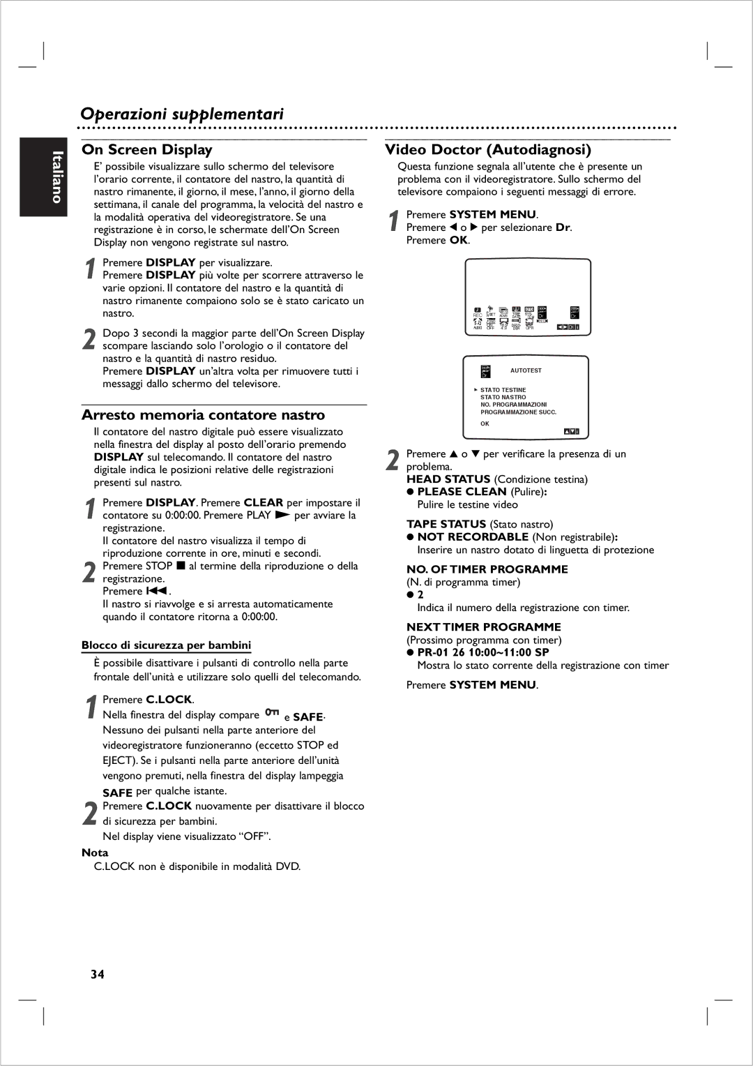 Philips DVP 721VR Operazioni supplementari, On Screen Display, Arresto memoria contatore nastro, Video Doctor Autodiagnosi 