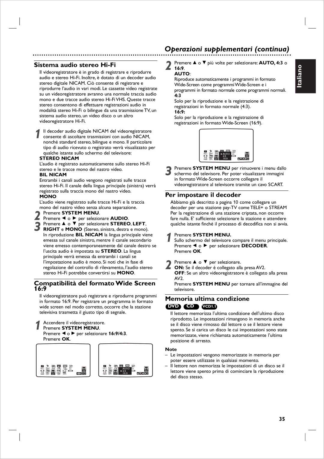 Philips DVP 721VR manual Sistema audio stereo Hi-Fi, Compatibilità del formato Wide Screen, Per impostare il decoder 