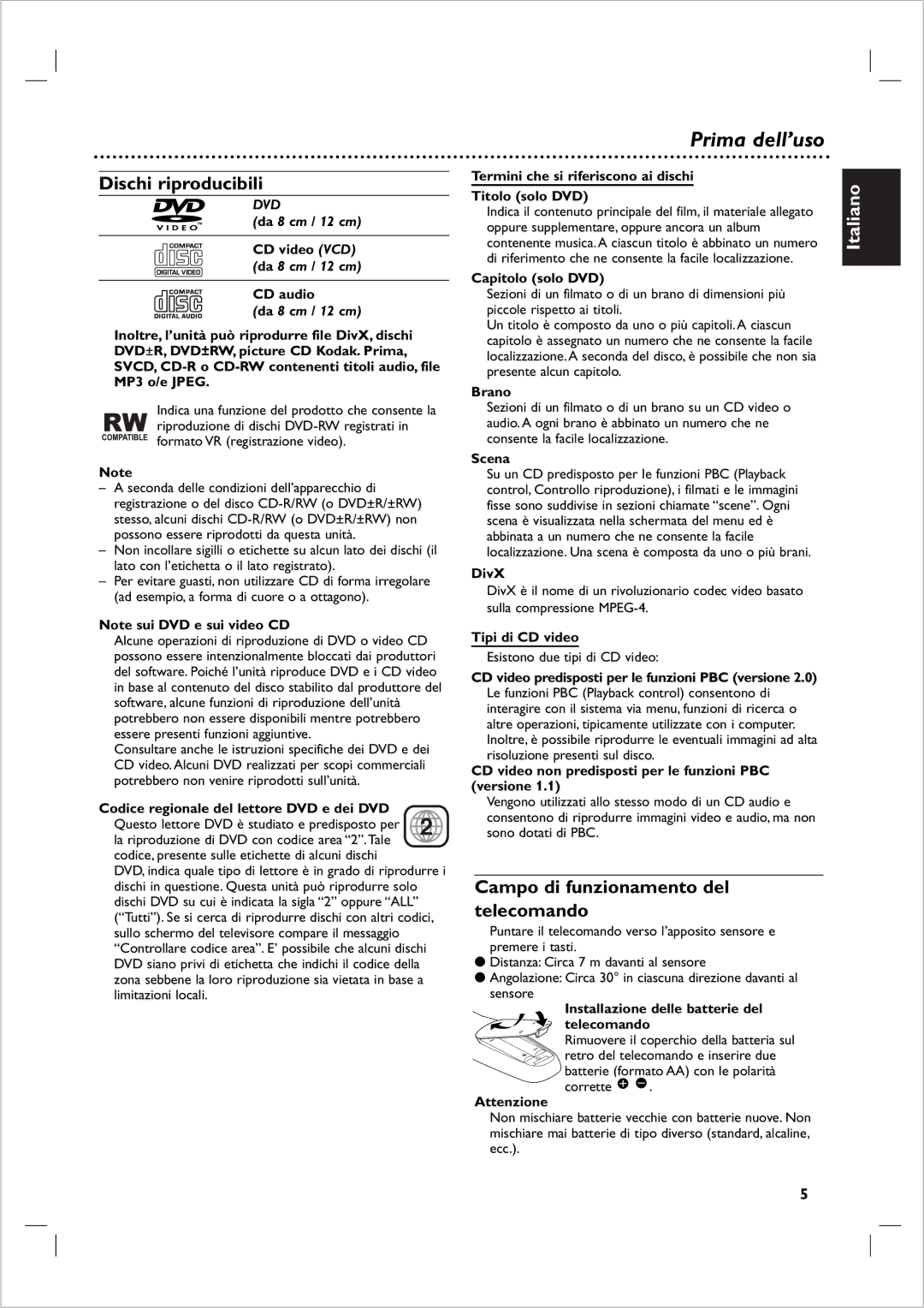 Philips DVP 721VR manual Prima dell’uso, Dischi riproducibili, Campo di funzionamento del telecomando 