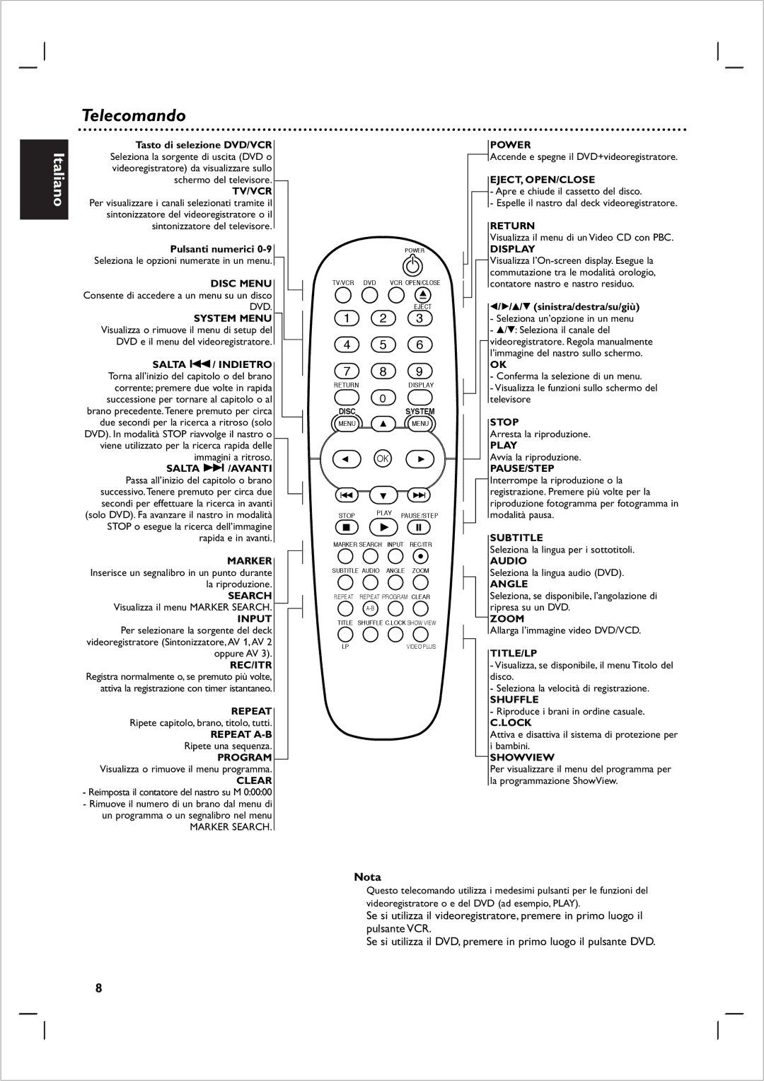 Philips DVP 721VR manual Telecomando, Nota, Tasto di selezione DVD/VCR, V/V sinistra/destra/su/giù 