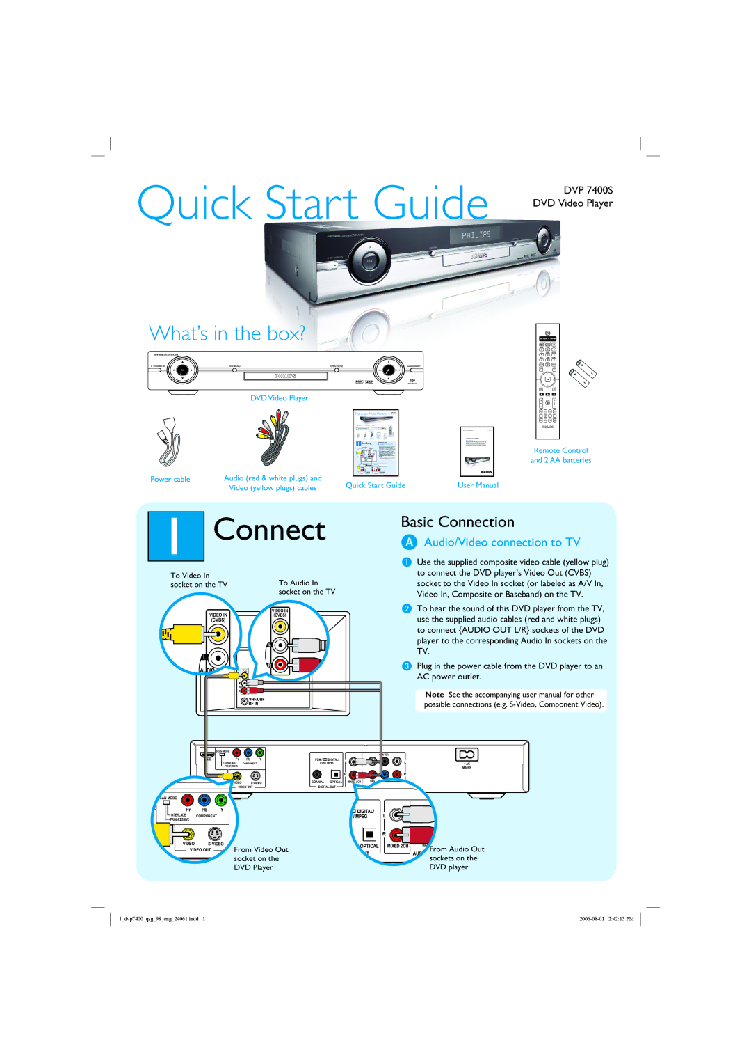 Philips DVP 7400S quick start Connect, Audio/Video connection to TV 