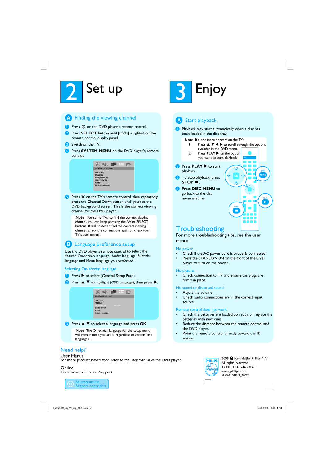 Philips DVP 7400S quick start Set up, Enjoy 