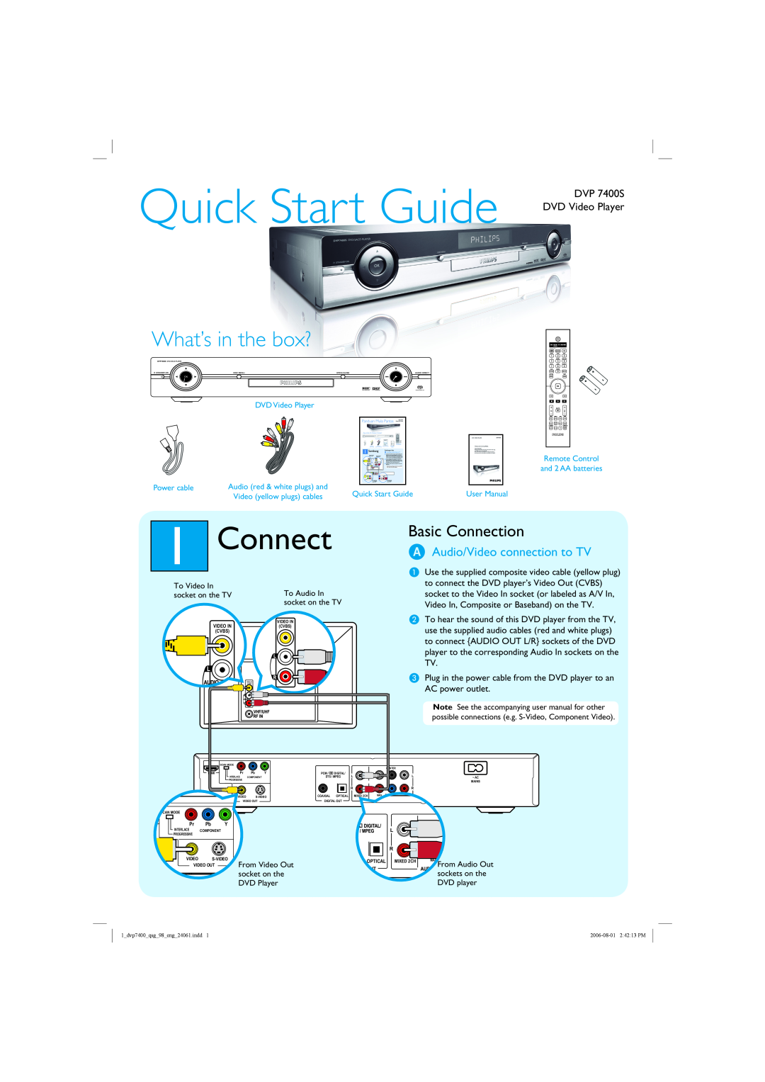 Philips DVP 7400S quick start Connect, A Audio/Video connection to TV, Quick Start Guide, What’s in the box?, Power cable 