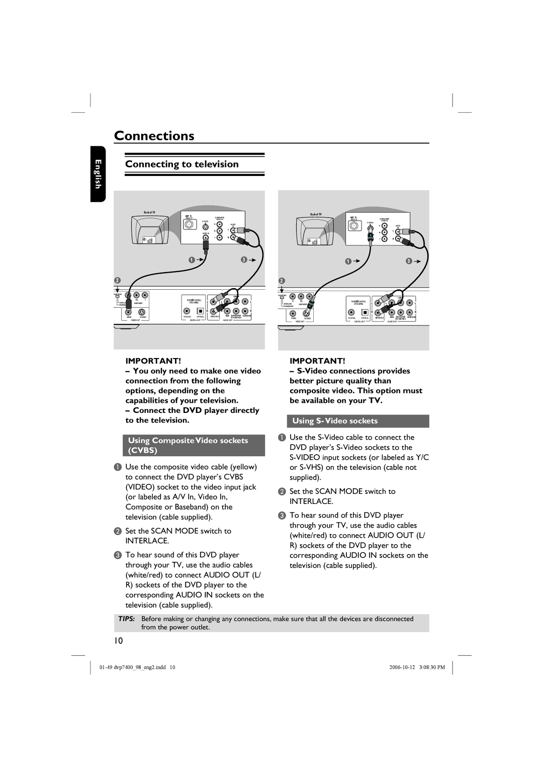 Philips DVP 7400S/98 Connections, Connecting to television, Using Composite Video sockets Cvbs, Using S- Video sockets 