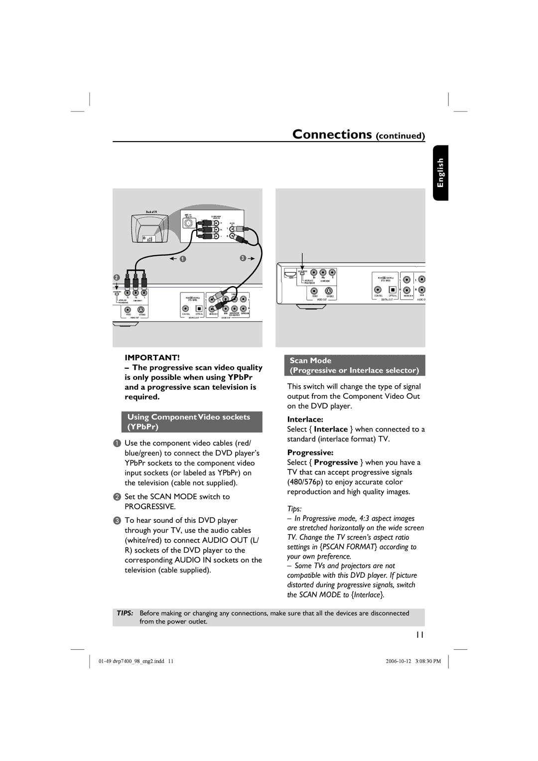 Philips DVP 7400S/98 user manual Using Component Video sockets YPbPr, Scan Mode Progressive or Interlace selector 