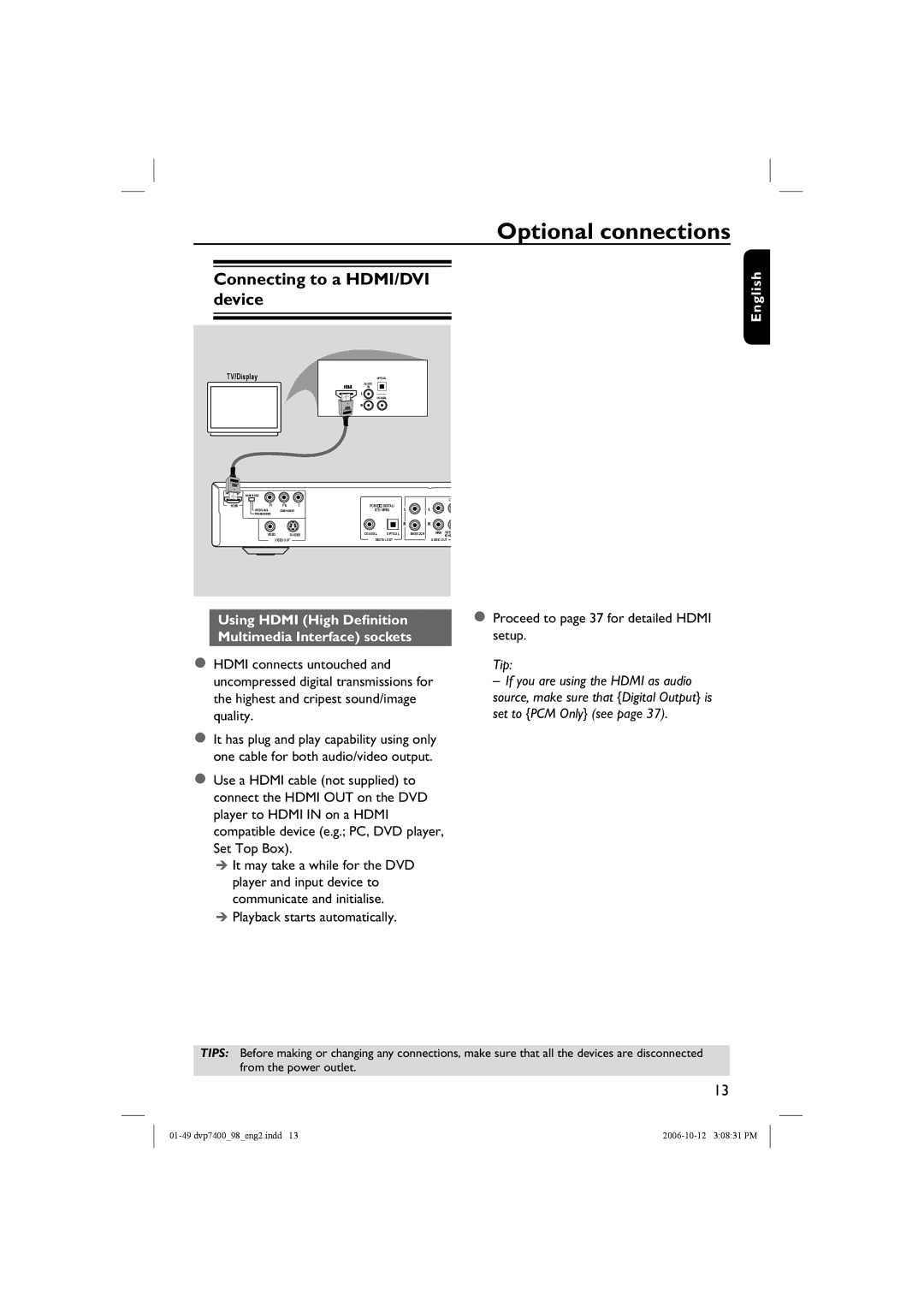 Philips DVP 7400S/98 Optional connections, Connecting to a HDMI/DVI device, Proceed to page 37 for detailed Hdmi setup 