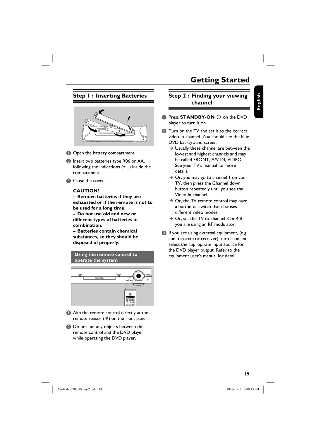 Philips DVP 7400S/98 user manual Getting Started, Inserting Batteries, Finding your viewing channel 