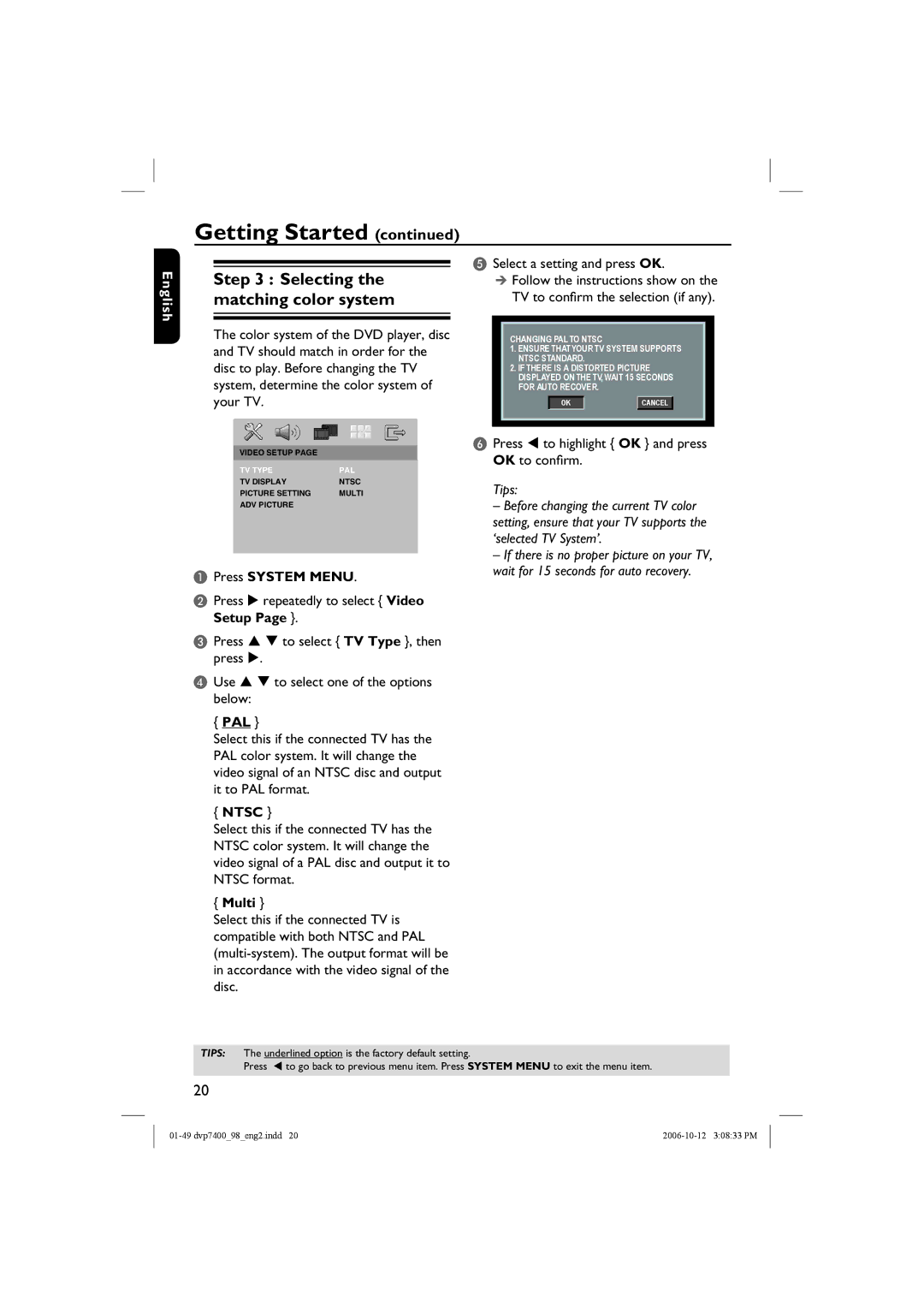 Philips DVP 7400S/98 user manual Selecting the matching color system, Press System Menu, Pal, Ntsc, Multi 