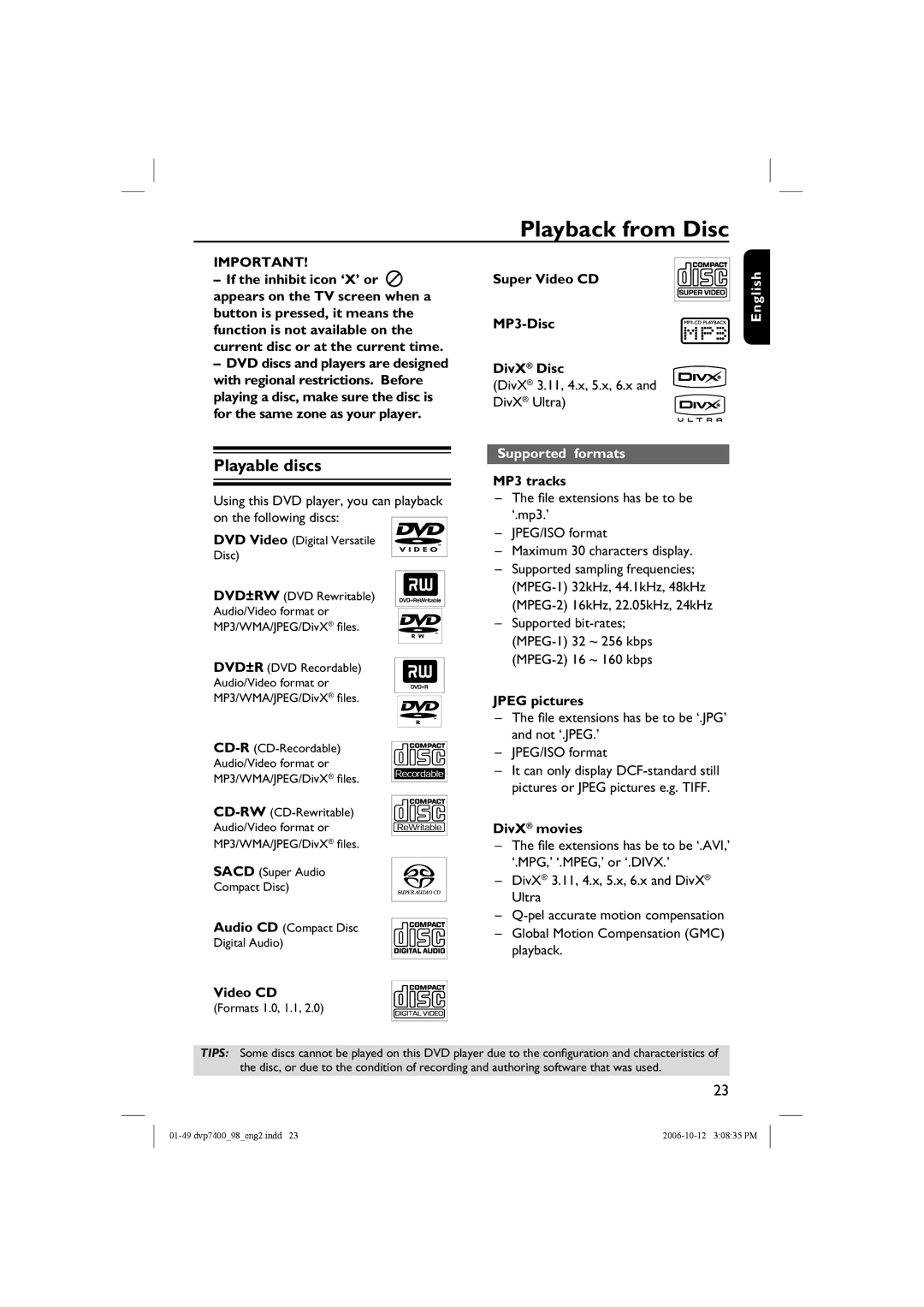 Philips DVP 7400S/98 user manual Playback from Disc, Playable discs, Supported formats 