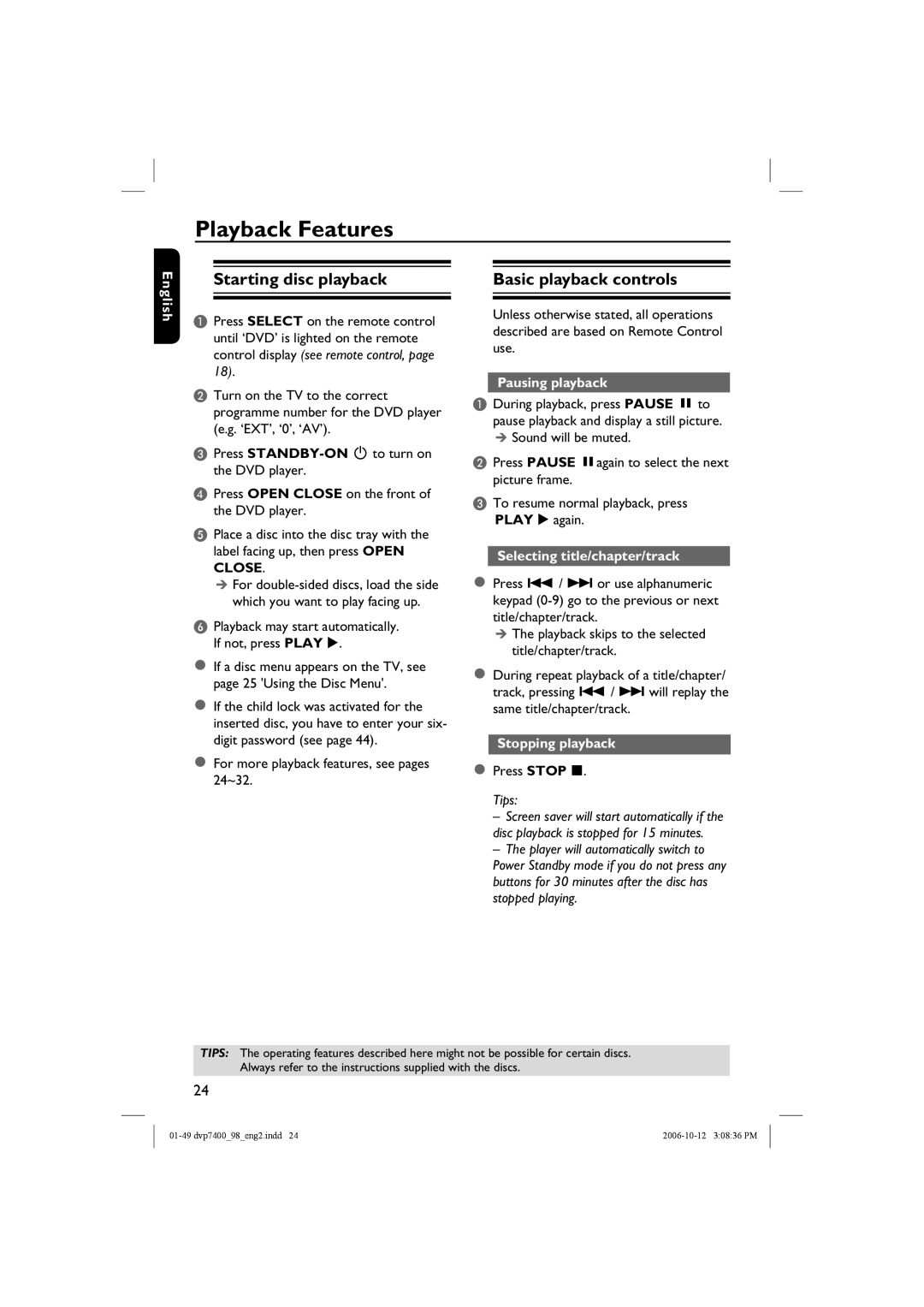 Philips DVP 7400S/98 user manual Playback Features, Starting disc playback, Basic playback controls 