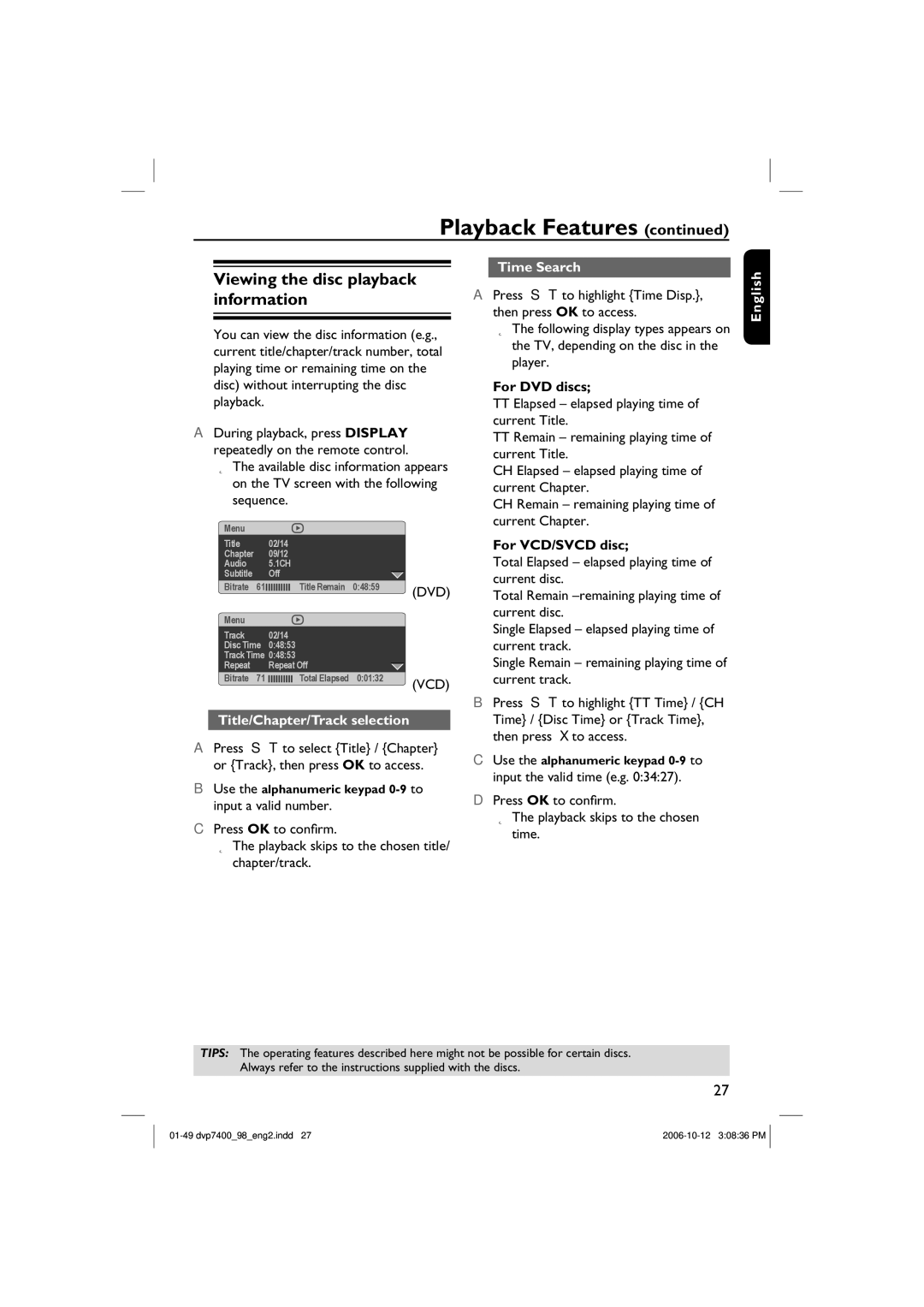 Philips DVP 7400S/98 Viewing the disc playback information, Title/Chapter/Track selection, Time Search, For DVD discs 