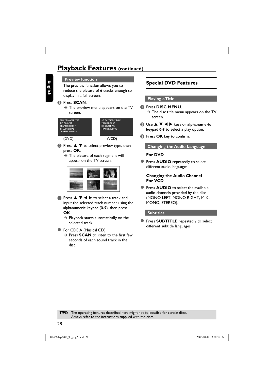 Philips DVP 7400S/98 Special DVD Features, English Preview function, Playing a Title, Changing the Audio Language 