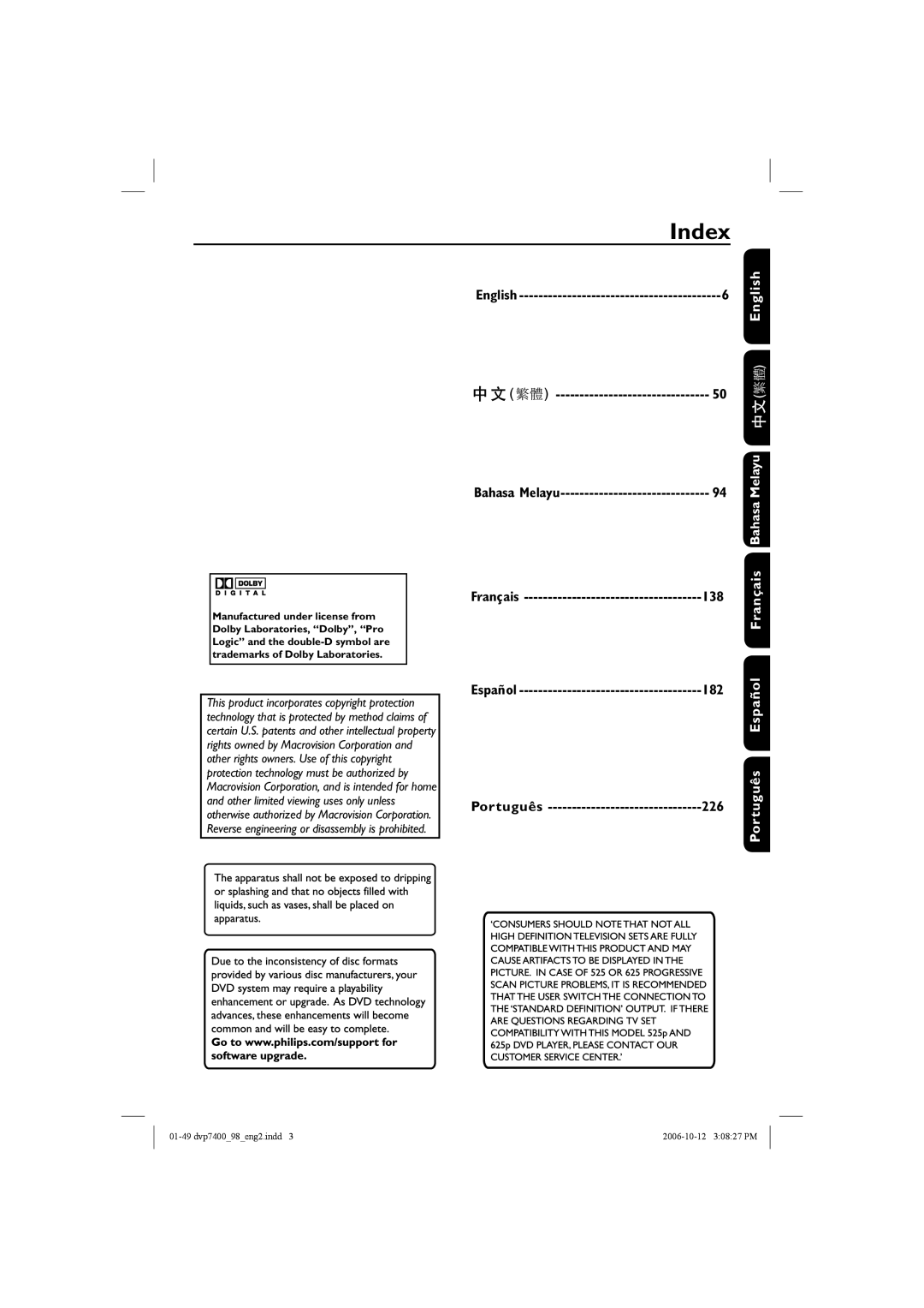 Philips DVP 7400S/98 user manual Index, English, 138, Português 