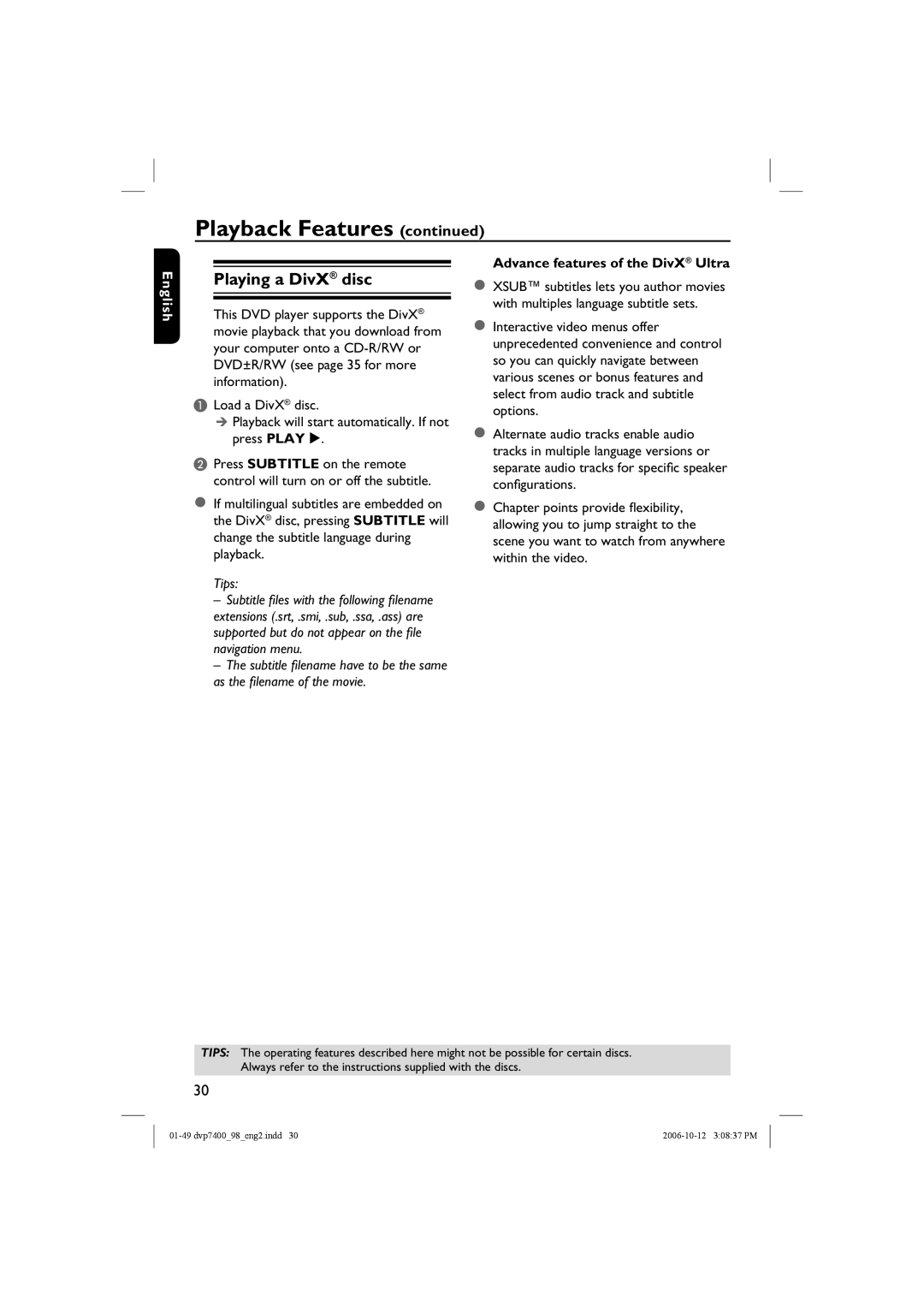 Philips DVP 7400S/98 user manual Playing a DivX disc, Advance features of the DivX Ultra 